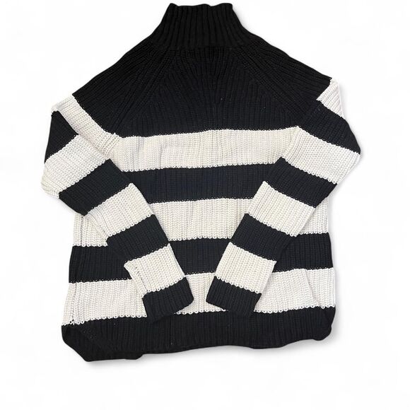 Workshop 100% cotton black white striped mockneck chunky knit sweater Sz S - Picture 2 of 5